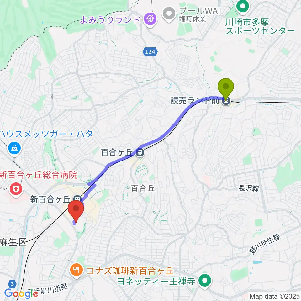 読売ランド前駅からテアトロ・ジーリオ・ショウワへのルートマップ地図