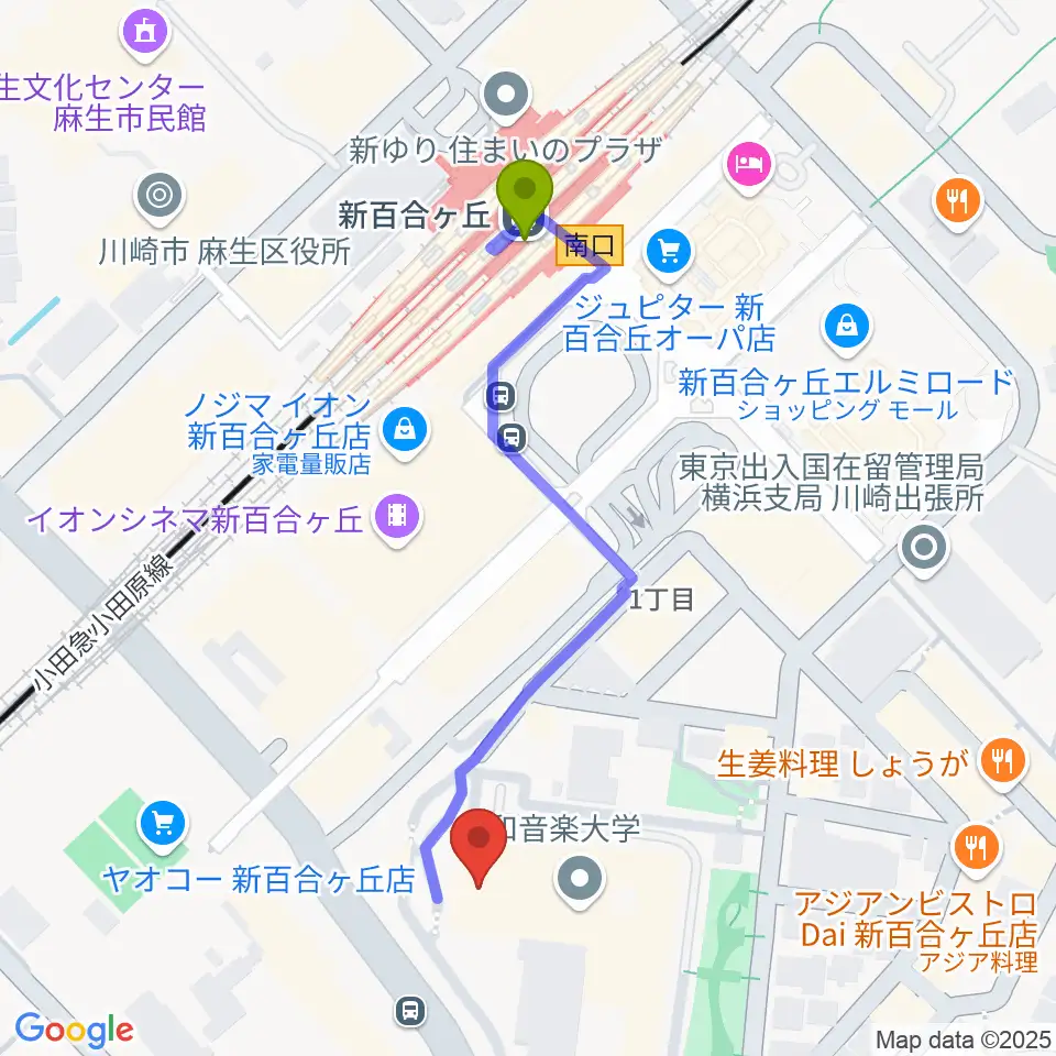 テアトロ・ジーリオ・ショウワの最寄駅新百合ヶ丘駅からの徒歩ルート（約5分）地図