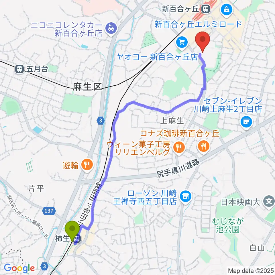 柿生駅からテアトロ・ジーリオ・ショウワへのルートマップ地図