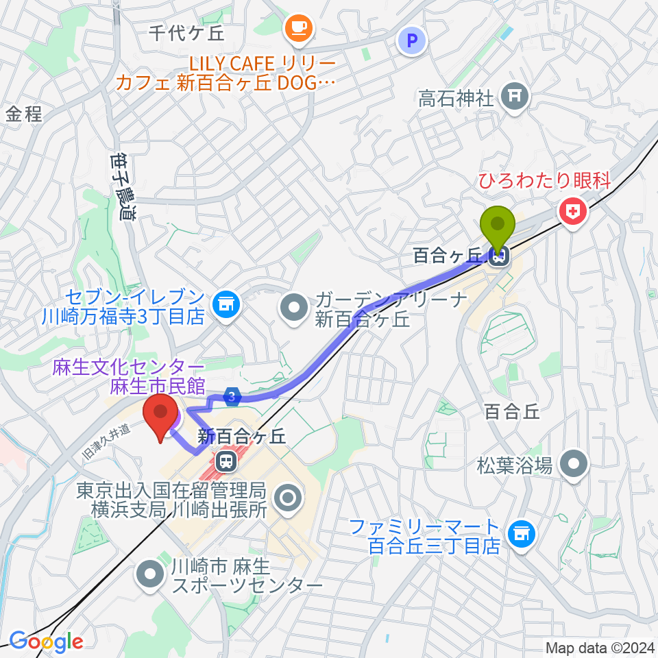 百合ヶ丘駅から麻生市民館へのルートマップ地図