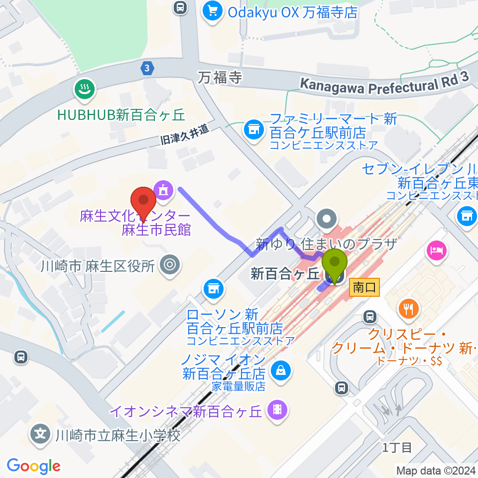 麻生市民館の最寄駅新百合ヶ丘駅からの徒歩ルート（約3分）地図