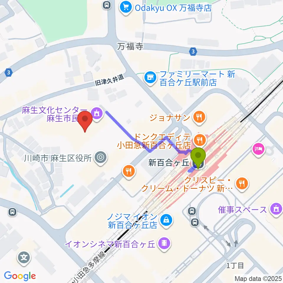 麻生市民館の最寄駅新百合ヶ丘駅からの徒歩ルート（約3分）地図