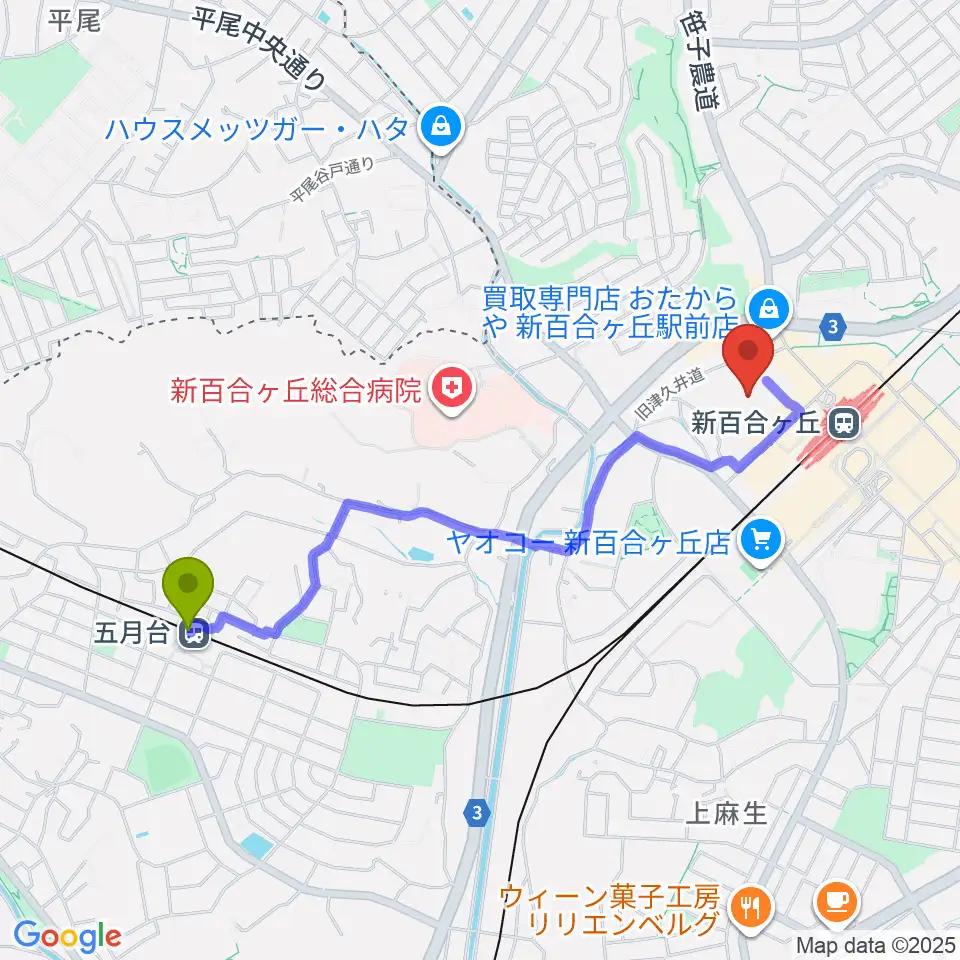 五月台駅から麻生市民館へのルートマップ地図