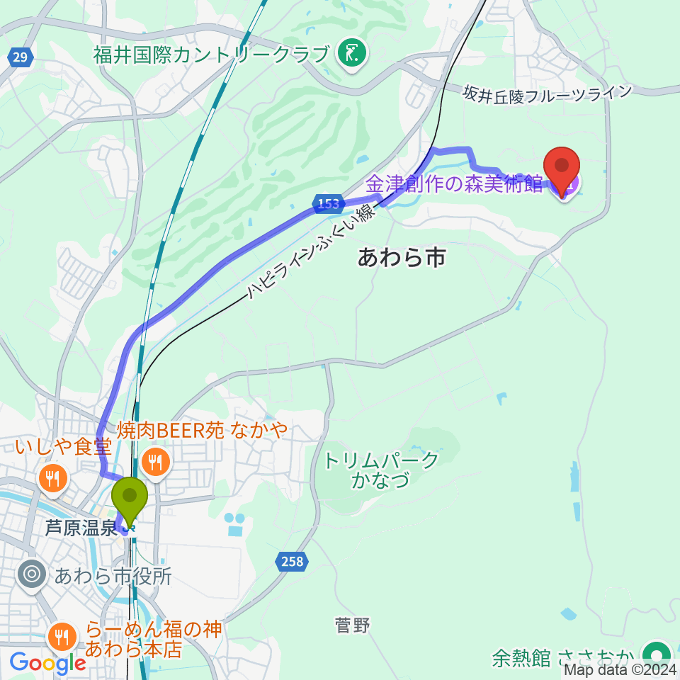 芦原温泉駅から金津創作の森 美術館アートコアへのルートマップ地図