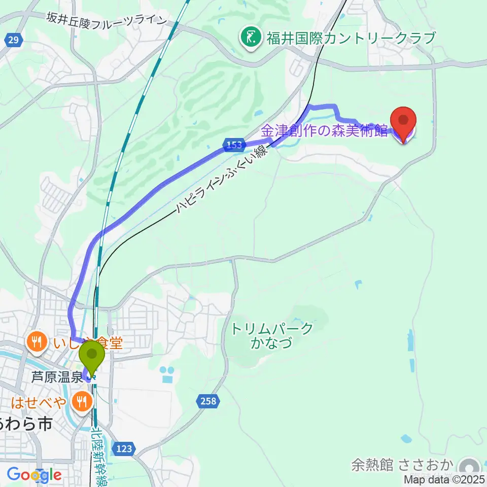 芦原温泉駅から金津創作の森美術館へのルートマップ地図