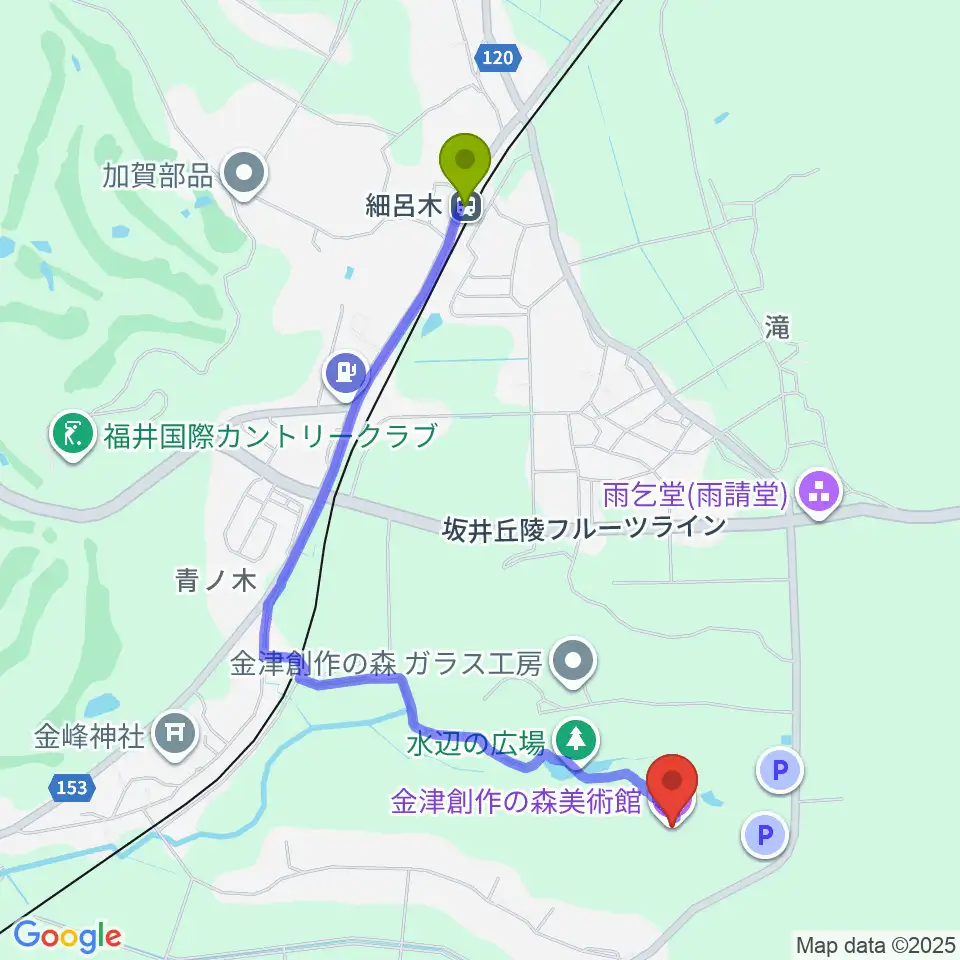 金津創作の森美術館の最寄駅細呂木駅からの徒歩ルート（約21分）地図