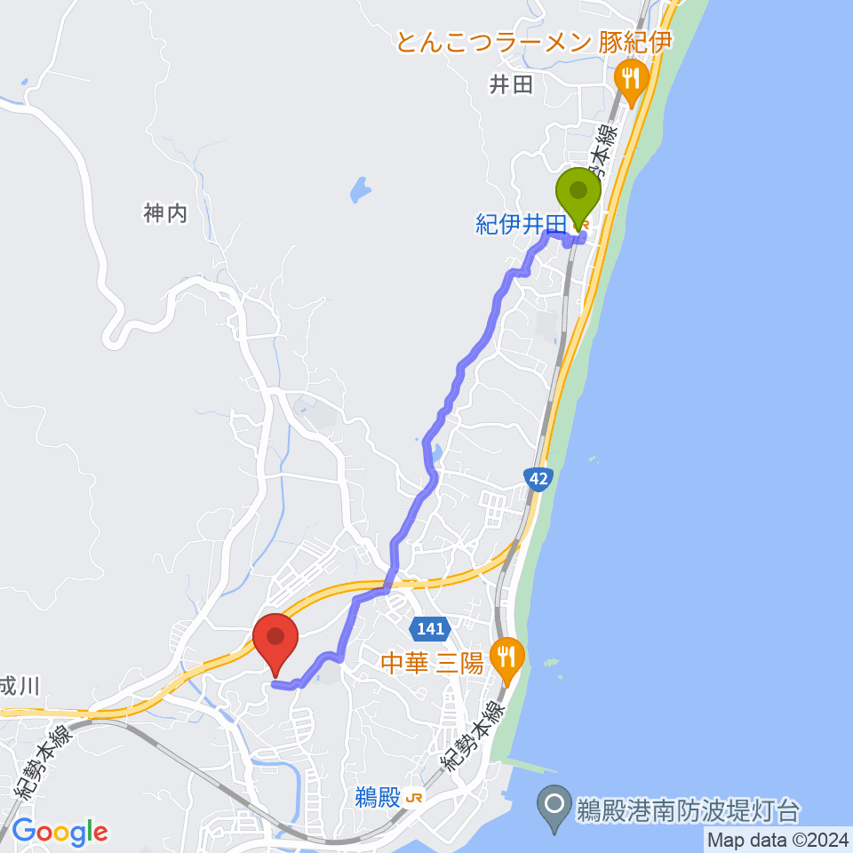 紀伊井田駅からまなびの郷 きらめきホールへのルートマップ地図