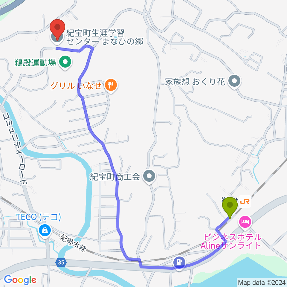 まなびの郷 きらめきホールの最寄駅鵜殿駅からの徒歩ルート（約14分）地図