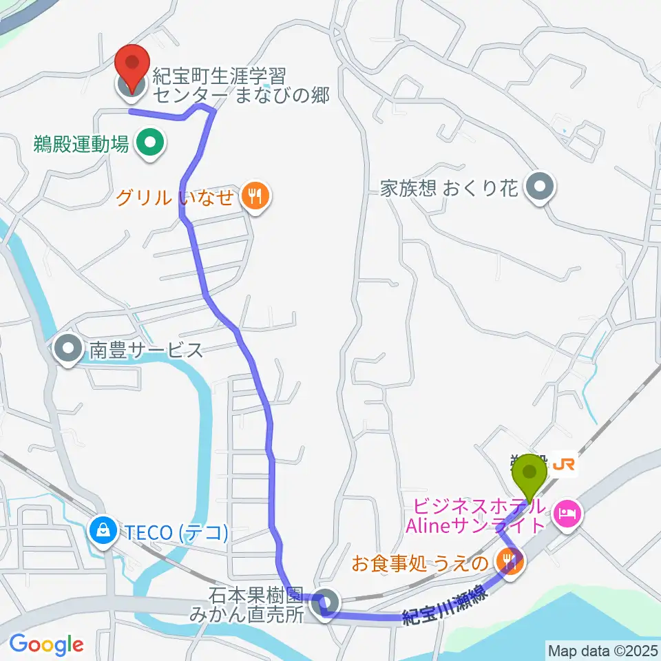 まなびの郷 きらめきホールの最寄駅鵜殿駅からの徒歩ルート（約14分）地図