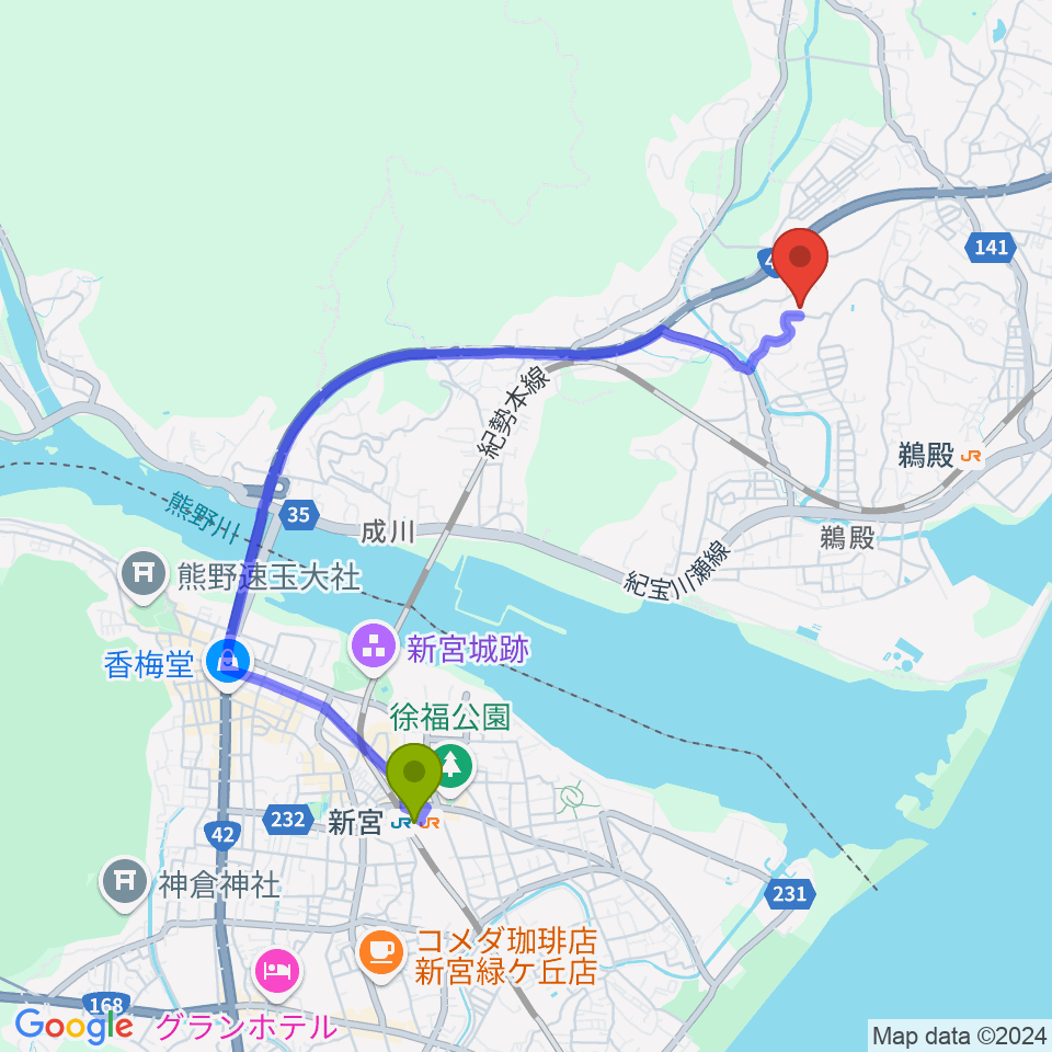 新宮駅からまなびの郷 きらめきホールへのルートマップ地図