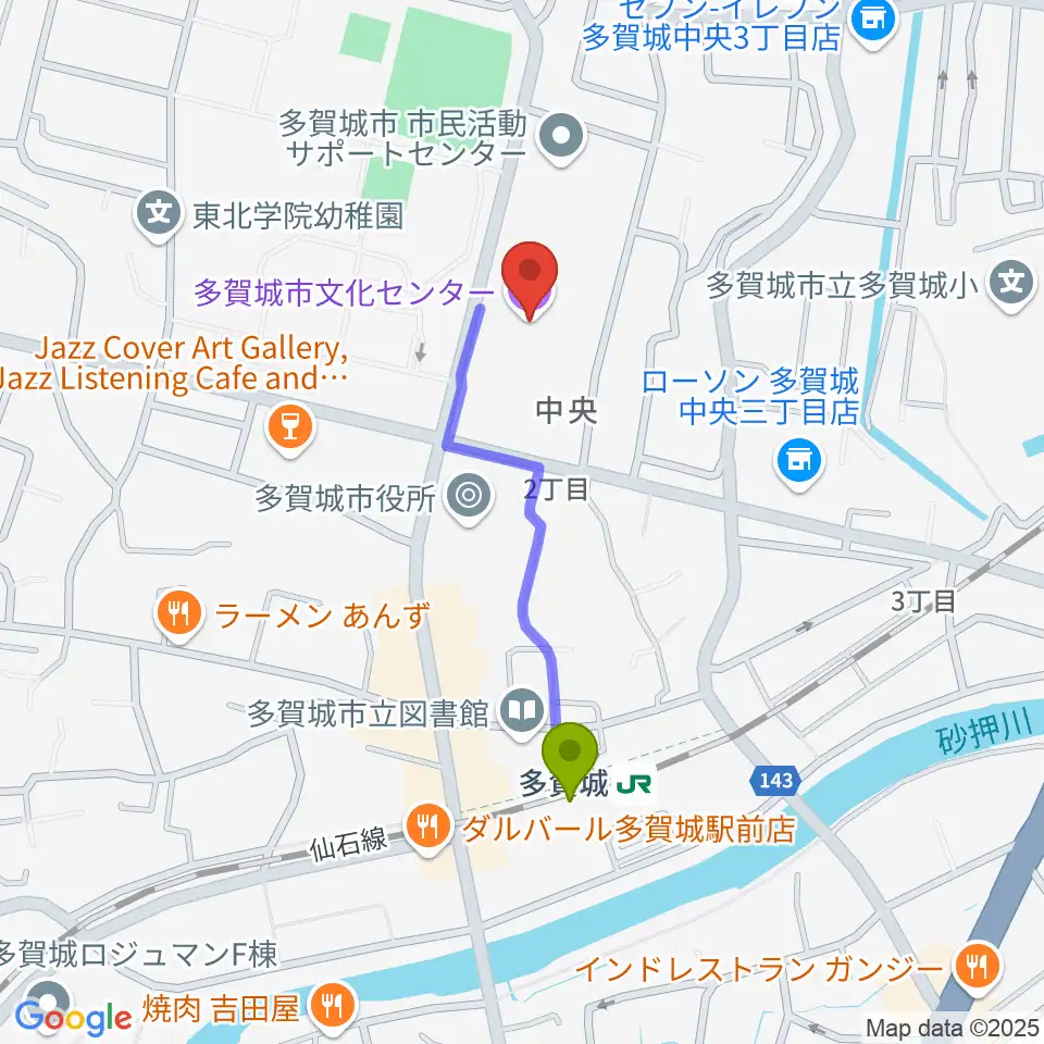 多賀城市民会館の最寄駅多賀城駅からの徒歩ルート（約7分）地図