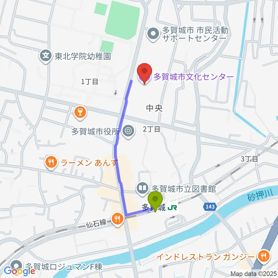 多賀城市民会館の最寄駅多賀城駅からの徒歩ルート（約7分）地図