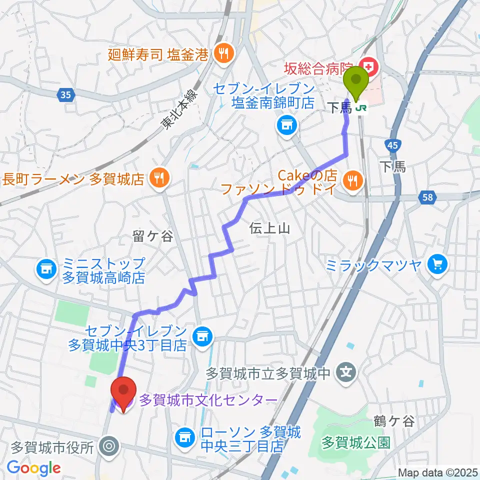 下馬駅から多賀城市民会館へのルートマップ地図