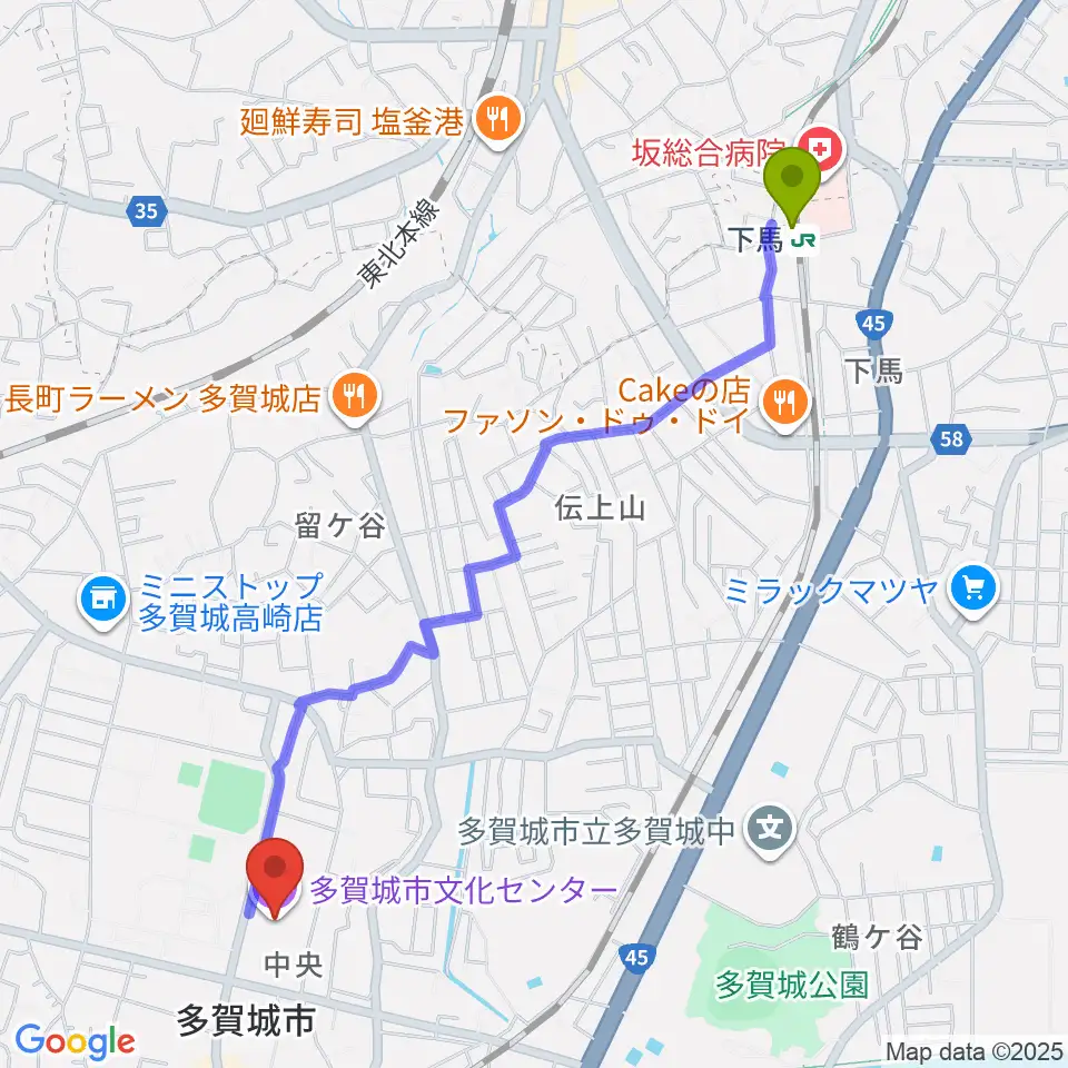 下馬駅から多賀城市民会館へのルートマップ地図