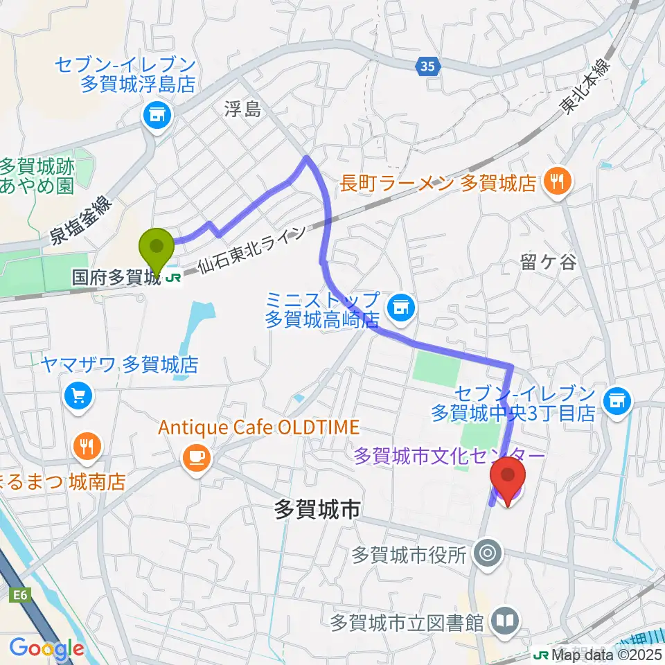 国府多賀城駅から多賀城市民会館へのルートマップ地図