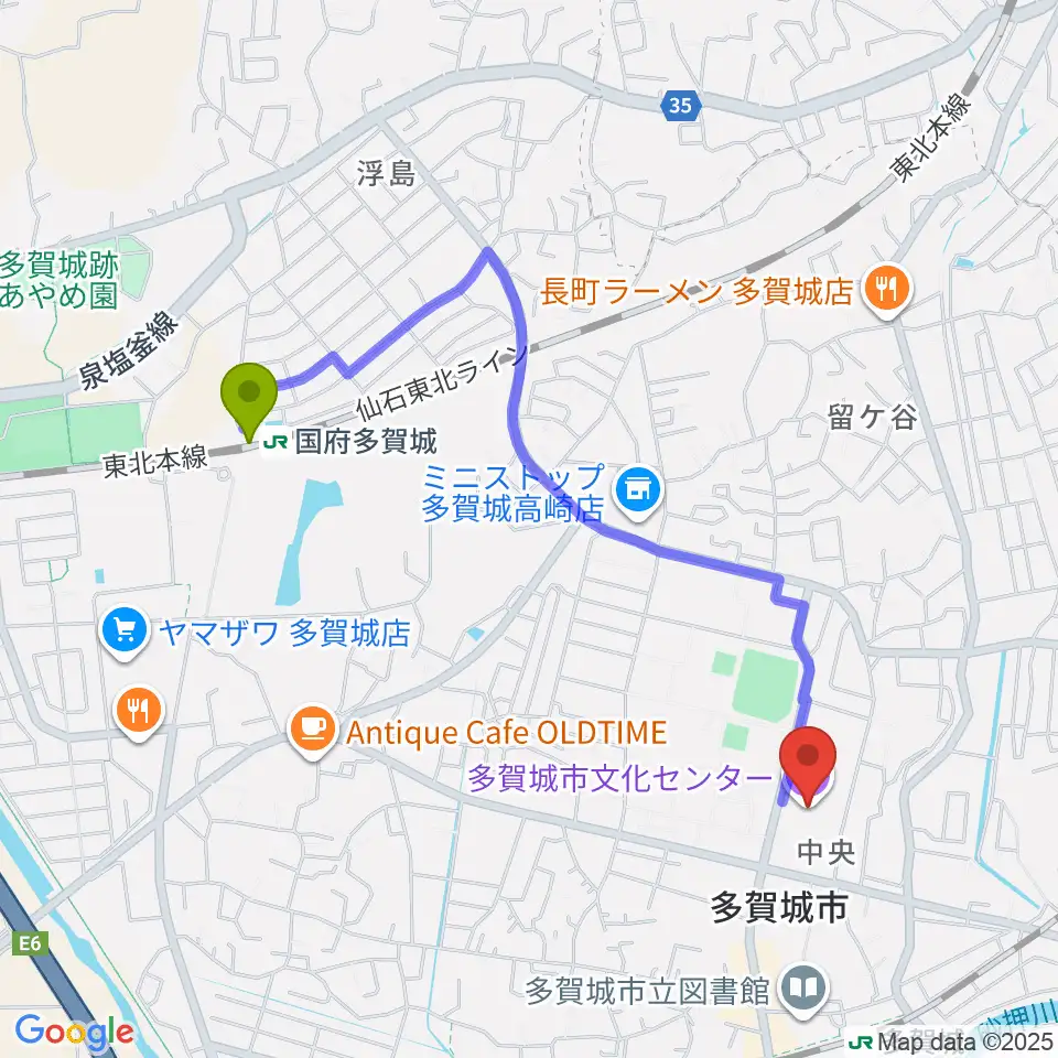 国府多賀城駅から多賀城市民会館へのルートマップ地図