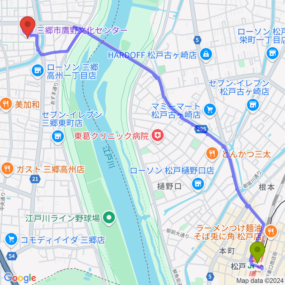 三郷市鷹野文化センターの最寄駅松戸駅からの徒歩ルート（約35分）地図