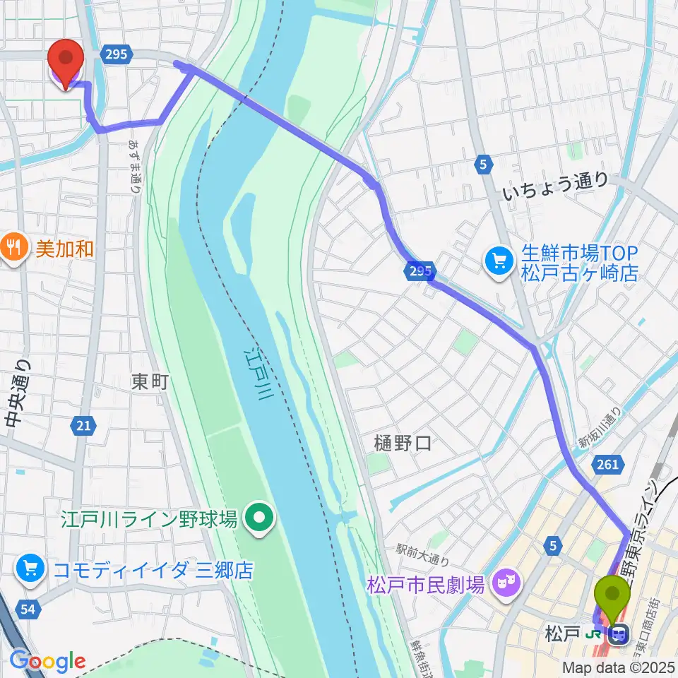 三郷市鷹野文化センターの最寄駅松戸駅からの徒歩ルート（約35分）地図
