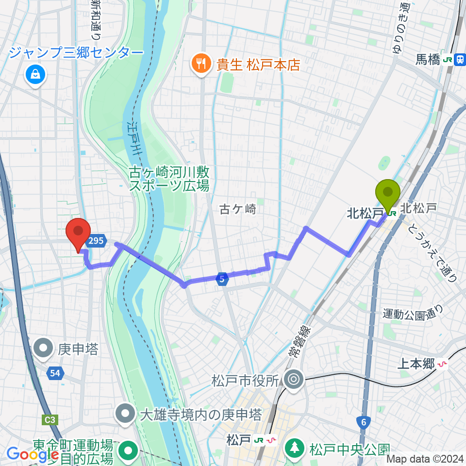 北松戸駅から三郷市鷹野文化センターへのルートマップ地図