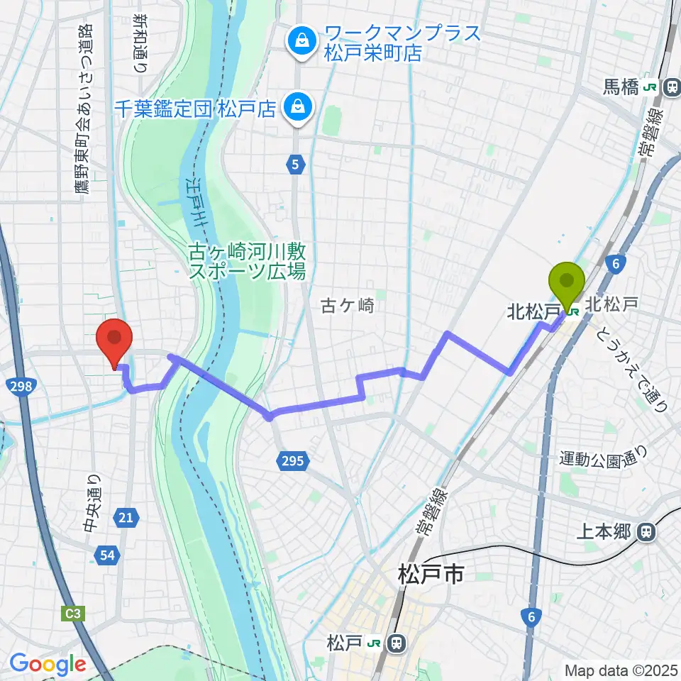 北松戸駅から三郷市鷹野文化センターへのルートマップ地図