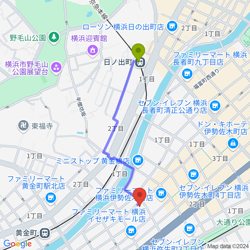 日ノ出町駅からライブ＆ダイニング シュールへのルートマップ地図