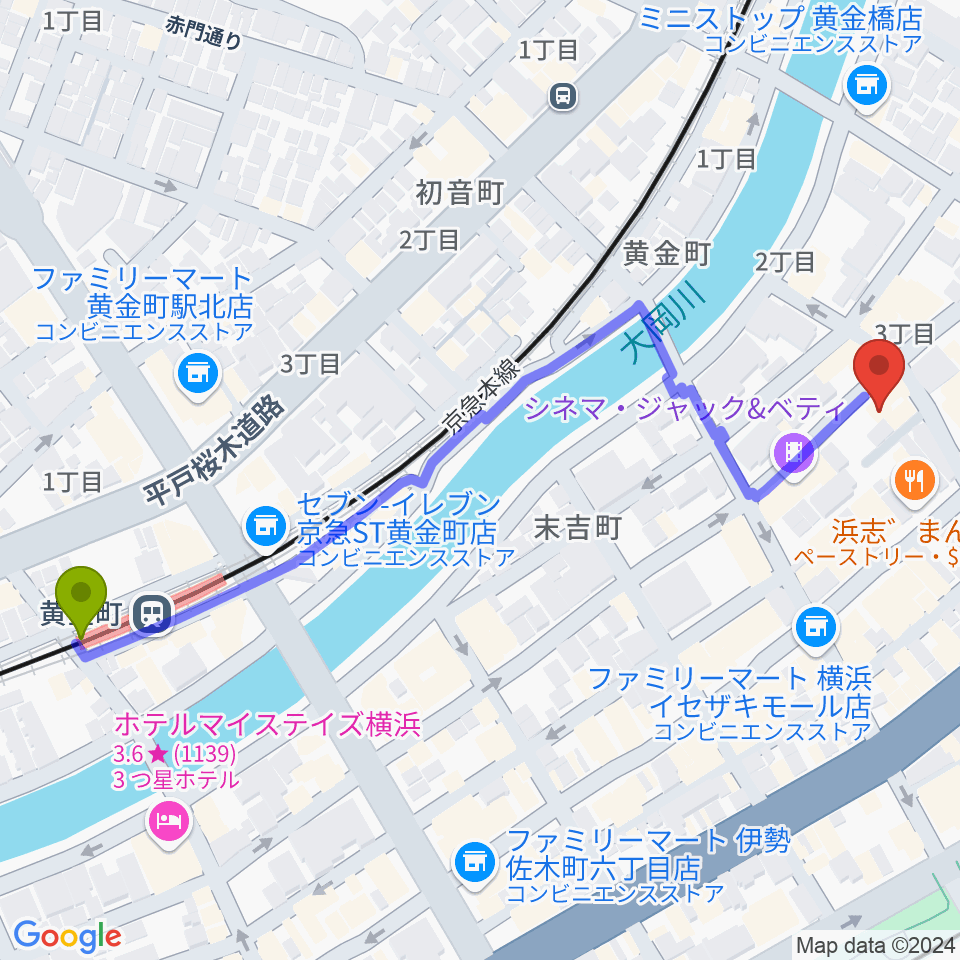 黄金町駅からライブ＆ダイニング シュールへのルートマップ地図