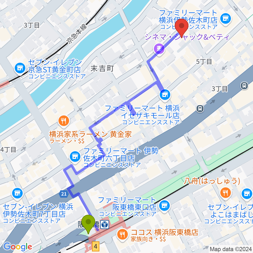 ライブ＆ダイニング シュールの最寄駅阪東橋駅からの徒歩ルート（約7分）地図