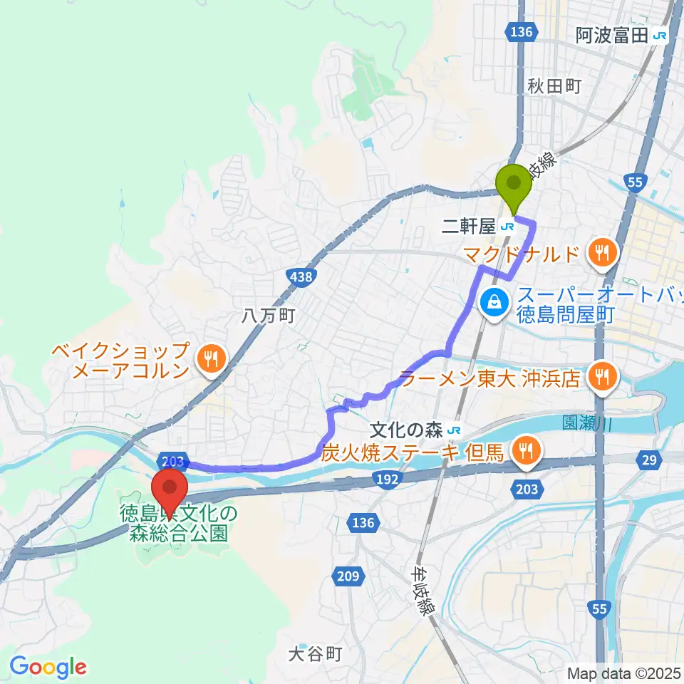 二軒屋駅から徳島県立21世紀館へのルートマップ地図
