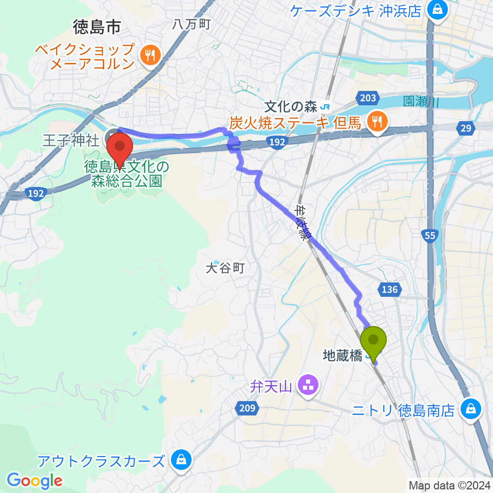 地蔵橋駅から徳島県立21世紀館へのルートマップ地図