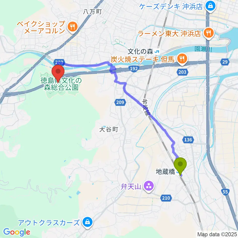地蔵橋駅から徳島県立21世紀館へのルートマップ地図