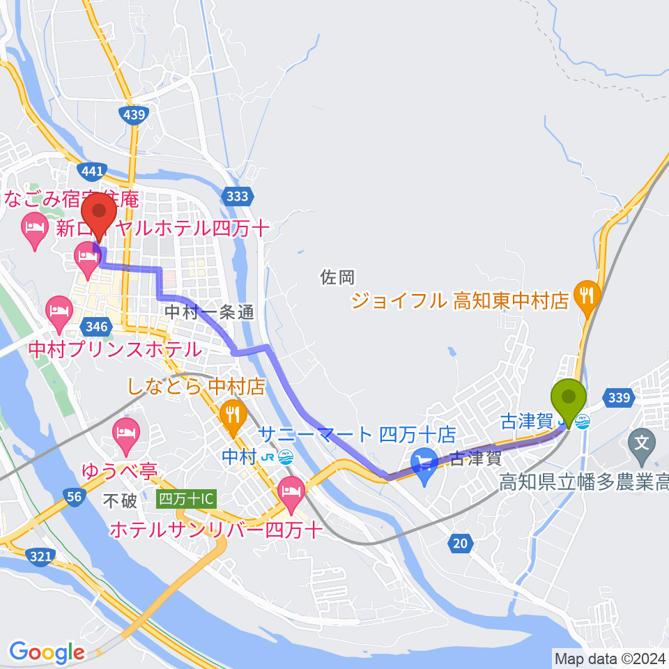 古津賀駅から四万十市立文化センターへのルートマップ地図