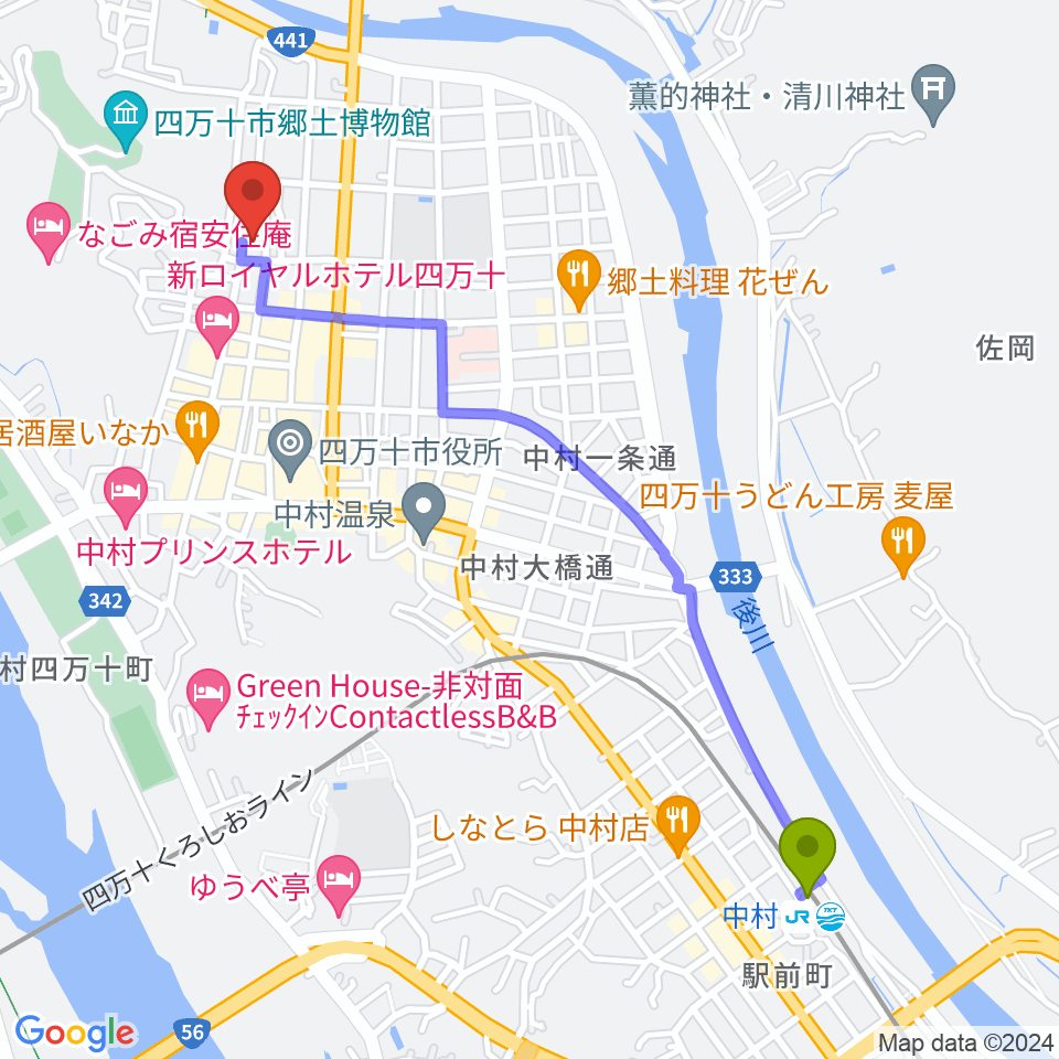 四万十市立文化センターの最寄駅中村駅からの徒歩ルート（約26分）地図
