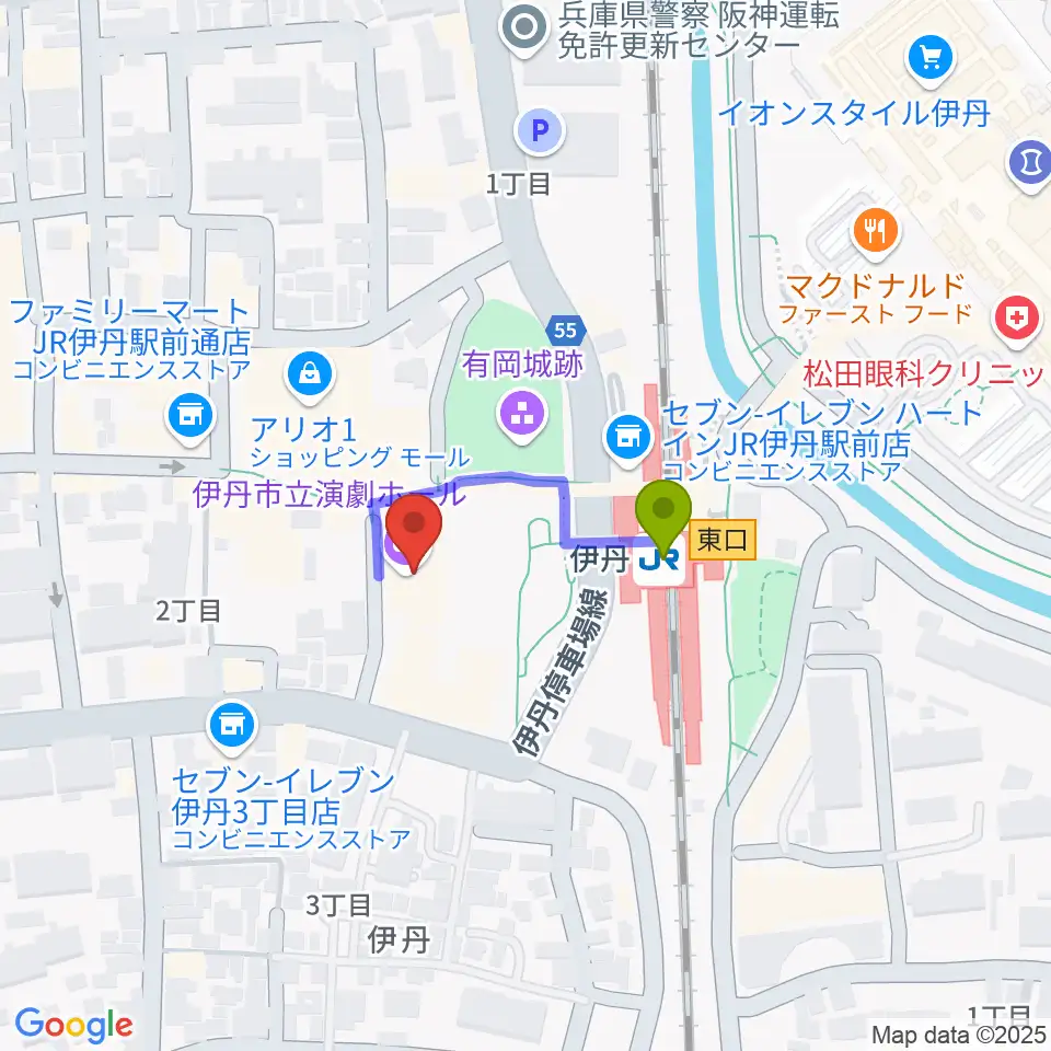 アイホール（伊丹市立演劇ホール）の最寄駅伊丹駅からの徒歩ルート（約2分）地図