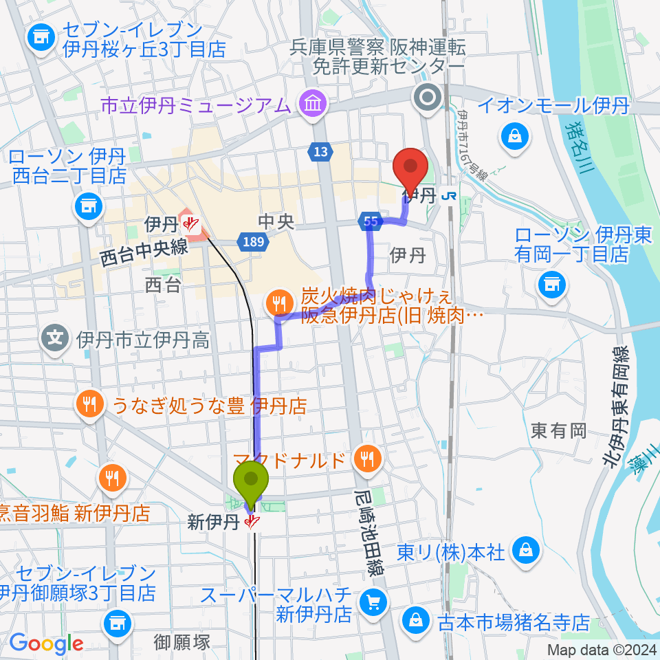 新伊丹駅からアイホール（伊丹市立演劇ホール）へのルートマップ地図