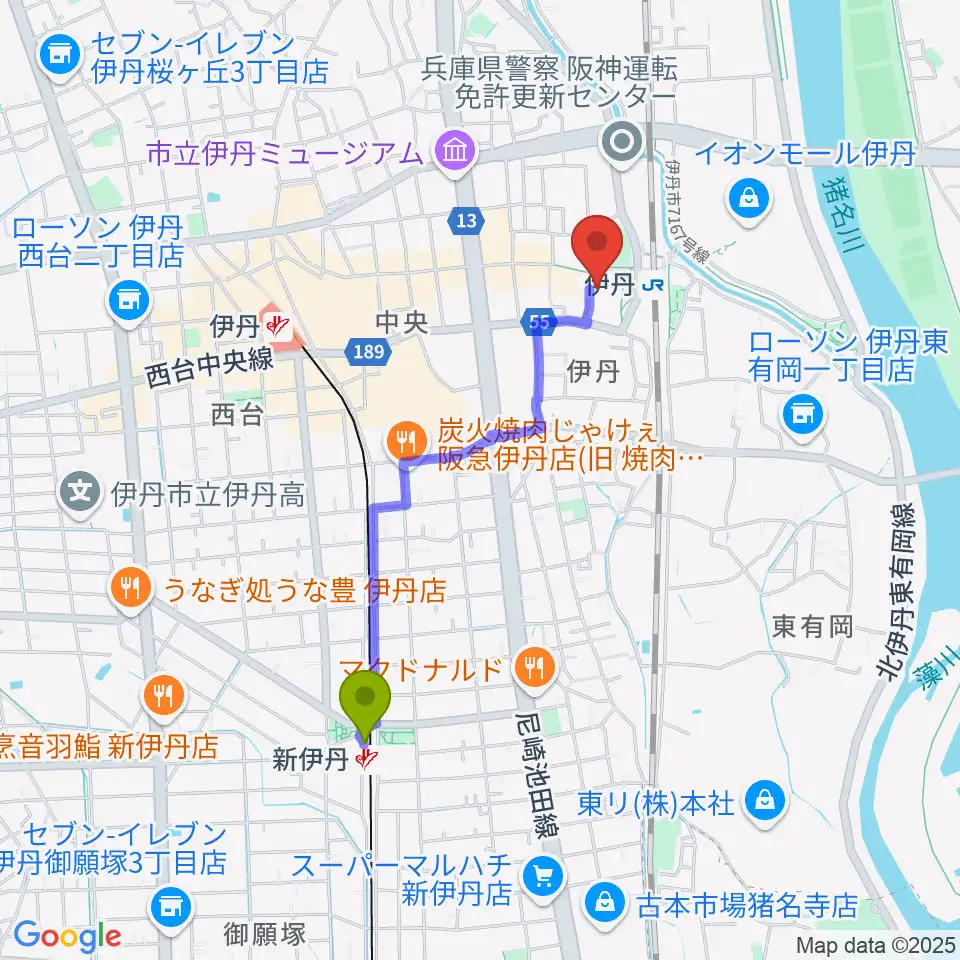 新伊丹駅からアイホール（伊丹市立演劇ホール）へのルートマップ地図