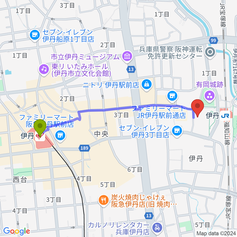 伊丹駅からアイホール（伊丹市立演劇ホール）へのルートマップ地図