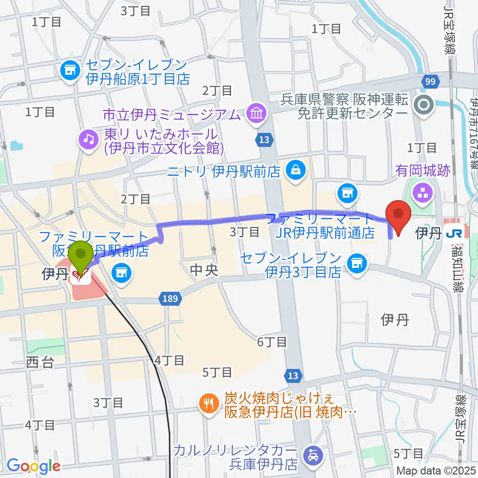 伊丹駅からアイホール（伊丹市立演劇ホール）へのルートマップ地図