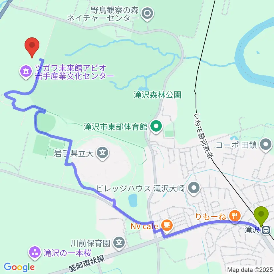 ツガワ未来館アピオの最寄駅滝沢駅からの徒歩ルート（約31分）地図