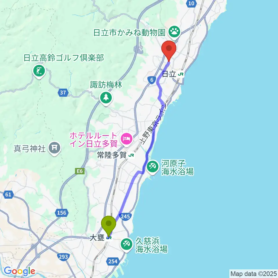 大甕駅から日立市民会館へのルートマップ地図