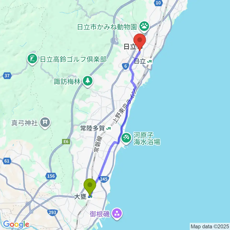 大甕駅から日立市民会館へのルートマップ地図