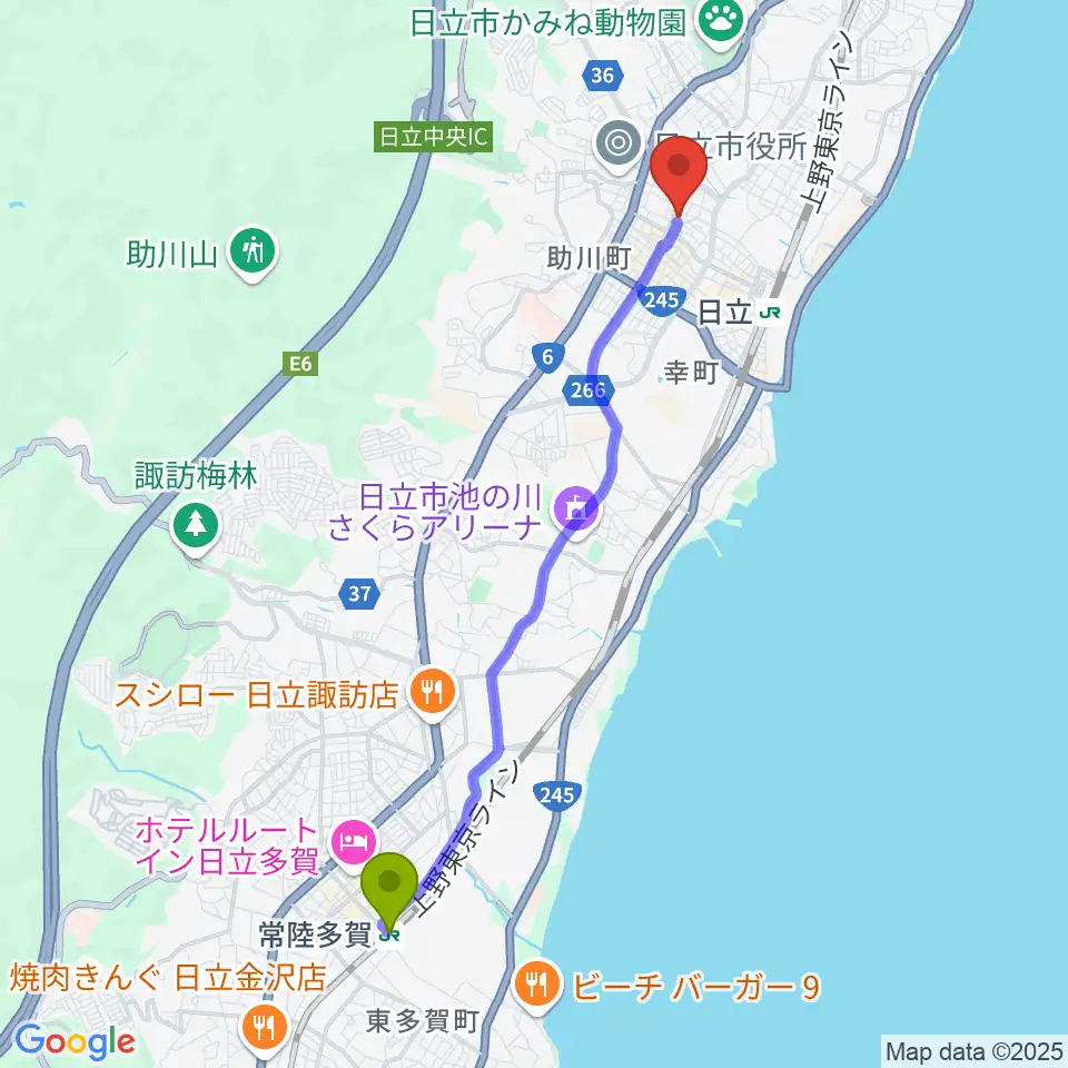 常陸多賀駅から日立市民会館へのルートマップ地図
