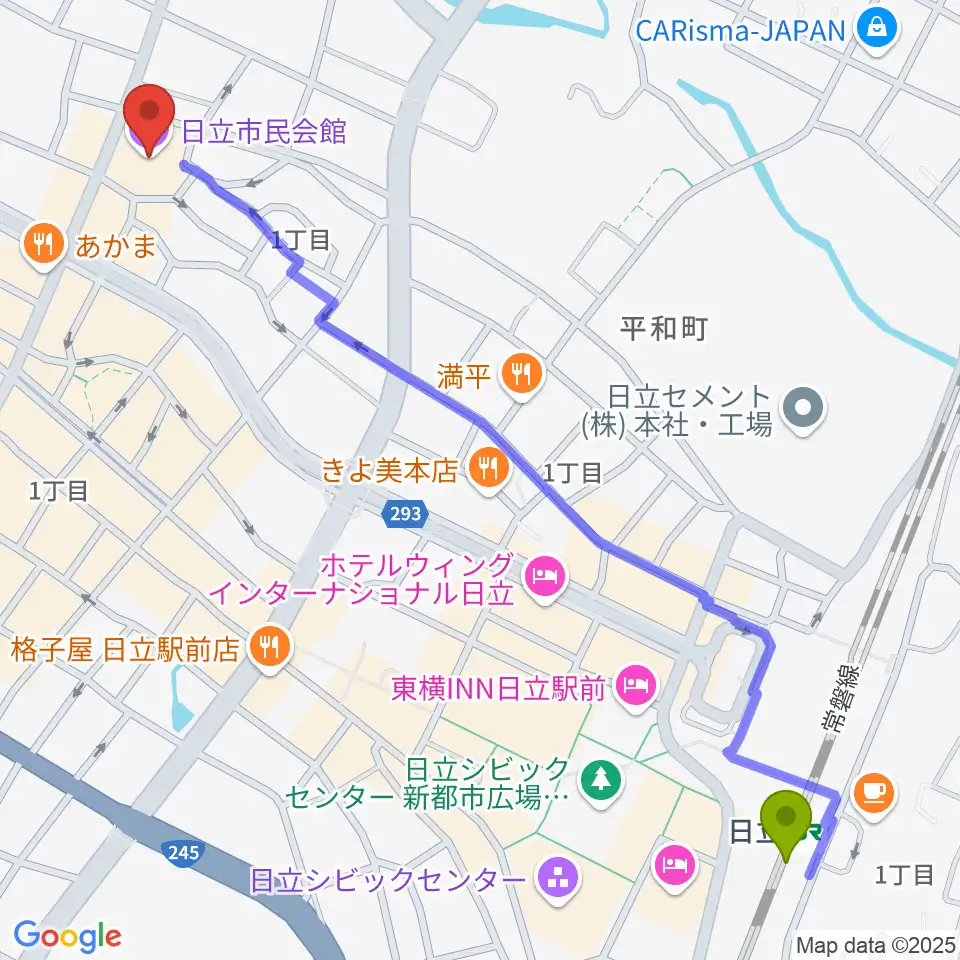 日立市民会館の最寄駅日立駅からの徒歩ルート（約15分）地図
