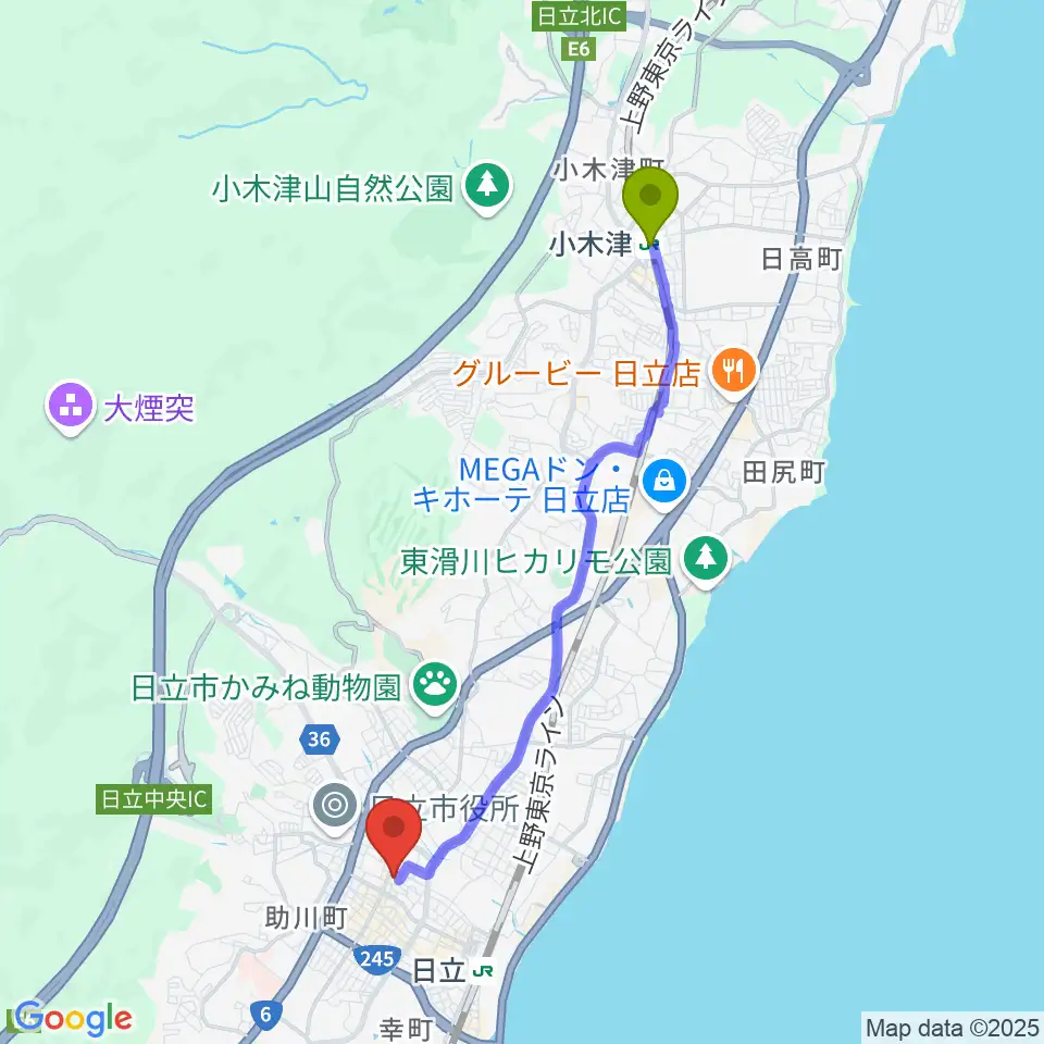小木津駅から日立市民会館へのルートマップ地図