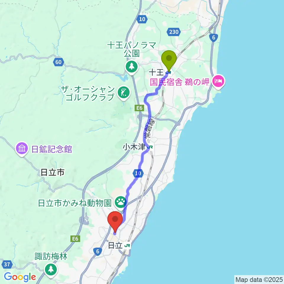 十王駅から日立市民会館へのルートマップ地図