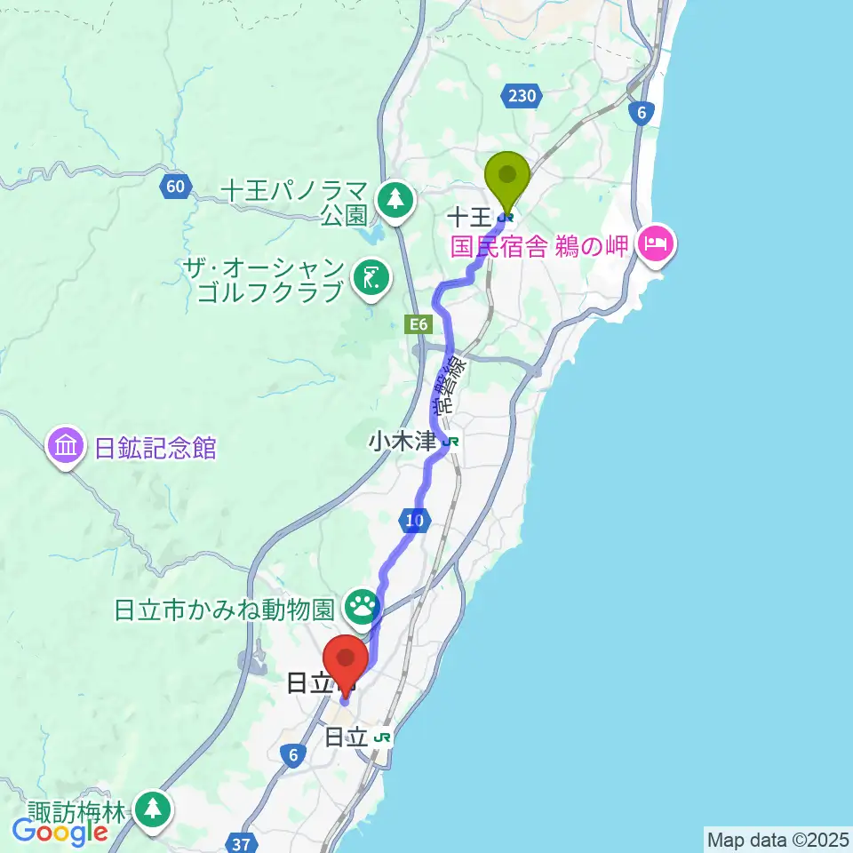 十王駅から日立市民会館へのルートマップ地図