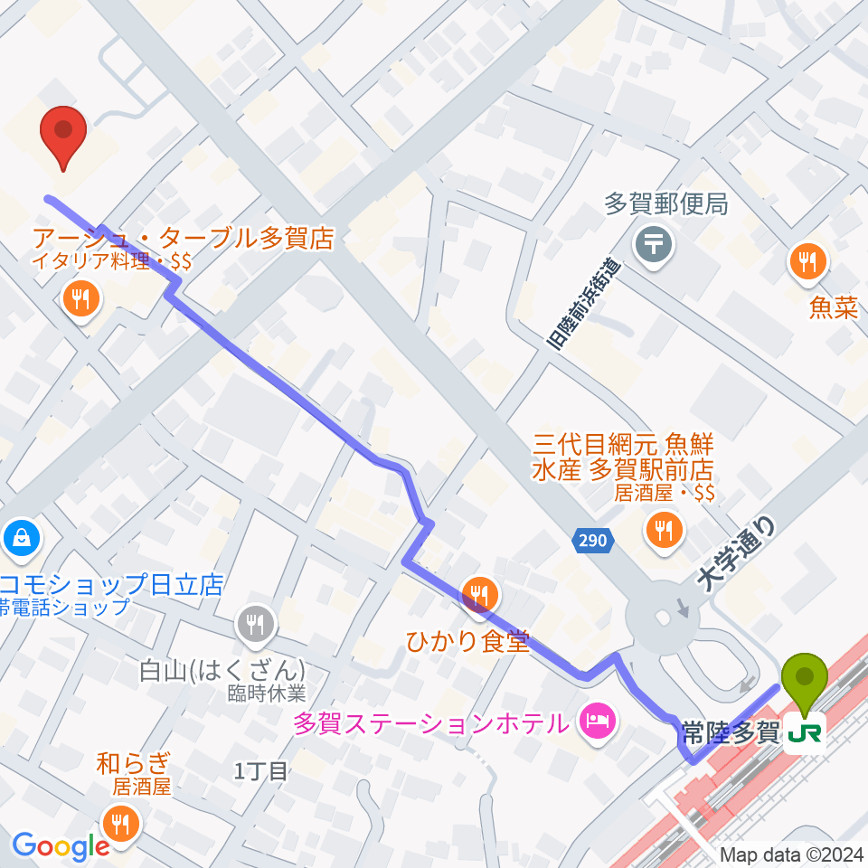 多賀市民会館の最寄駅常陸多賀駅からの徒歩ルート（約8分）地図