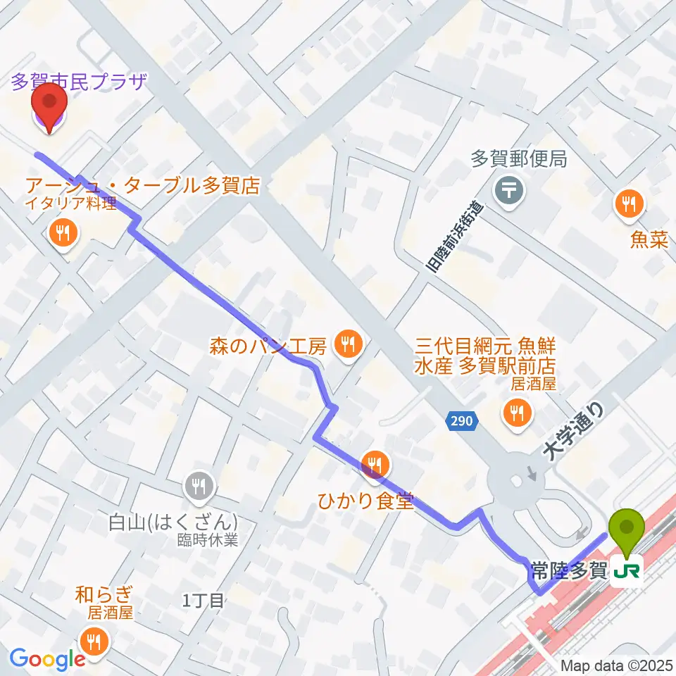 多賀市民会館の最寄駅常陸多賀駅からの徒歩ルート（約8分）地図