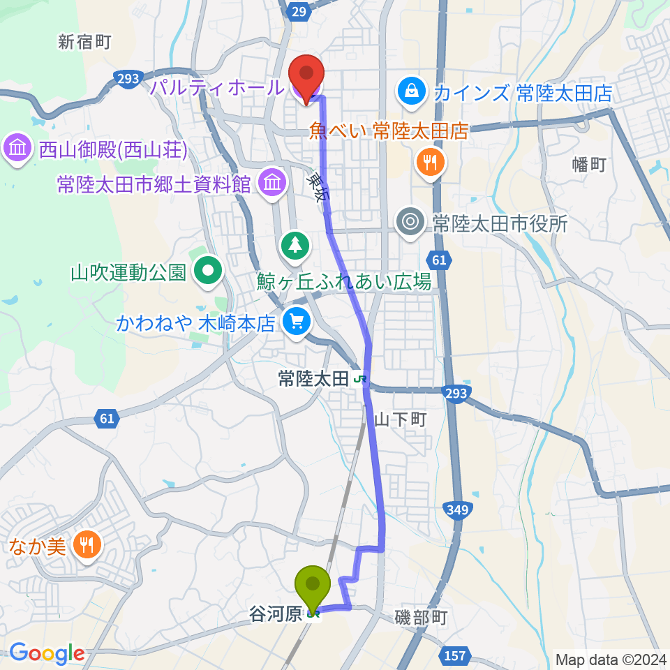 谷河原駅から常陸太田市民交流センター パルティホールへのルートマップ地図