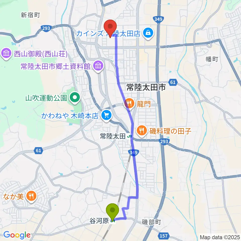 谷河原駅から常陸太田市民交流センター パルティホールへのルートマップ地図