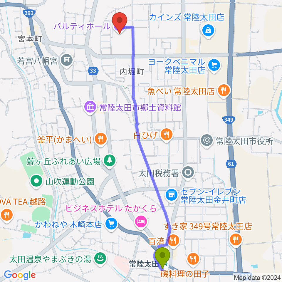 常陸太田市民交流センター パルティホールの最寄駅常陸太田駅からの徒歩ルート（約26分）地図